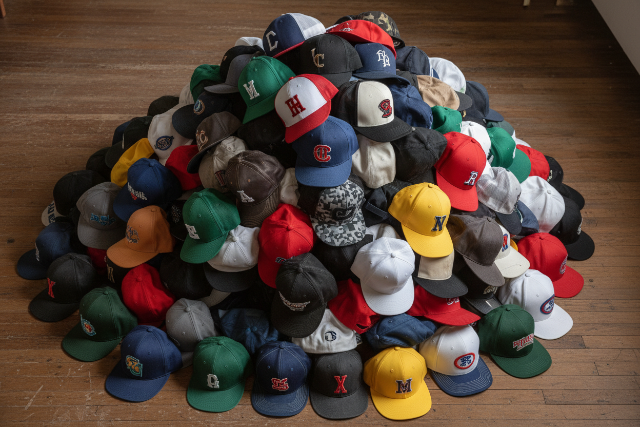 muchas gorras amontonadas